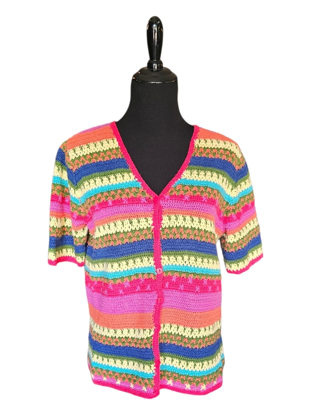 Casual Corner Annex Crochet Cardigan XL Colorful Striped Boho Knit Button Front - Picture 3 of 11